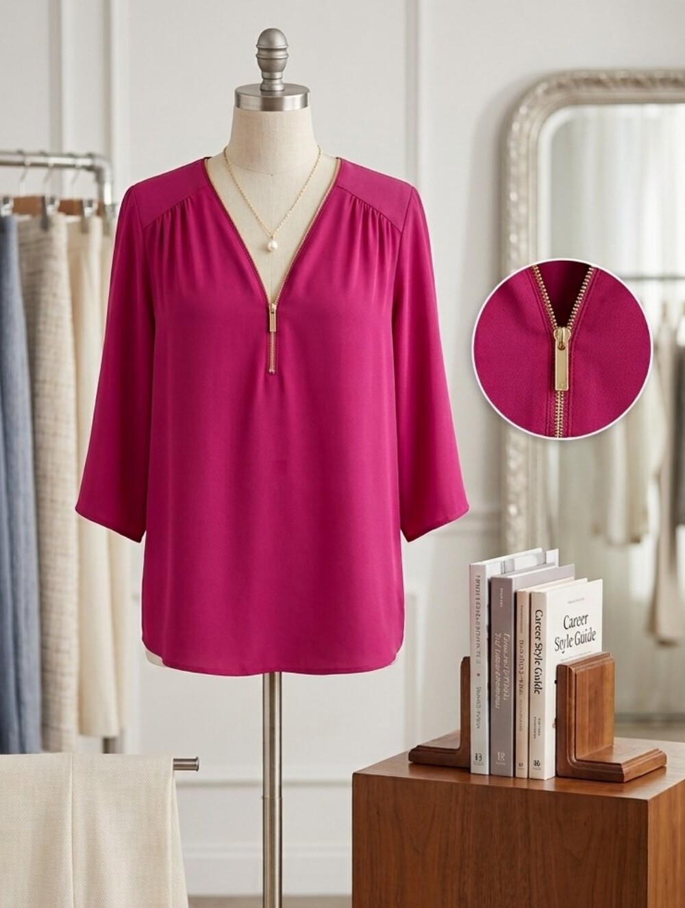 Zac & Rachel Sangria Pink Red Shirt Gold Zipper Front Career Blouse Top NWT